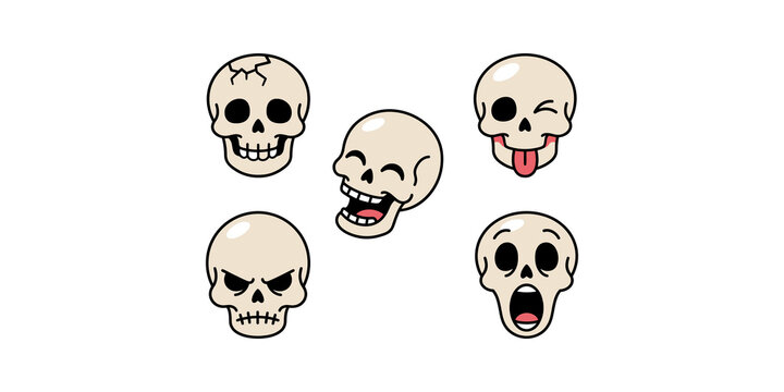 Five stylized skull illustrations featuring different facial expressions and funny antics isolated for spooky decor elements.