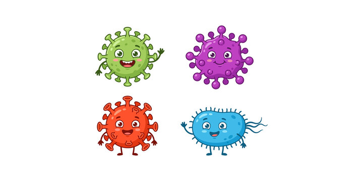 Set of four colorful cartoon virus and bacteria characters with friendly faces isolated for science education and healthcare.