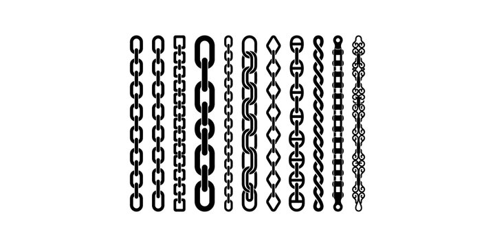 Set of black and white chains in various styles, suitable for industrial design or decorative elements.