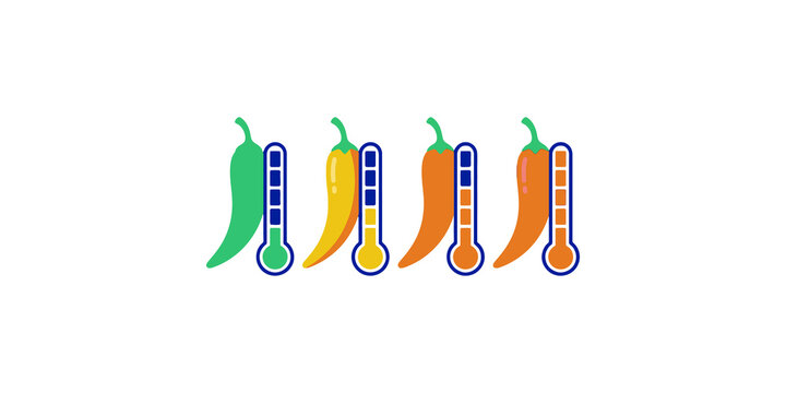 Colorful chili peppers with increasing heat level thermometers, representing spiciness, flavor, and culinary ratings.