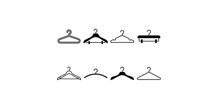 Black clothes hangers set in various minimalist shapes for apparel store inventory management and wardrobe clothing organization.