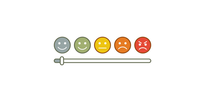 Customer satisfaction survey slider with emoji faces ranging from happy to angry for website user experience feedback tools.
