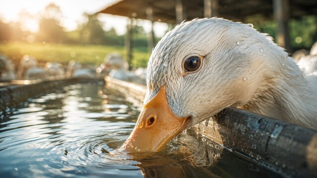 Close up of a white duck drinking water from a trough on a sunny poultry farm