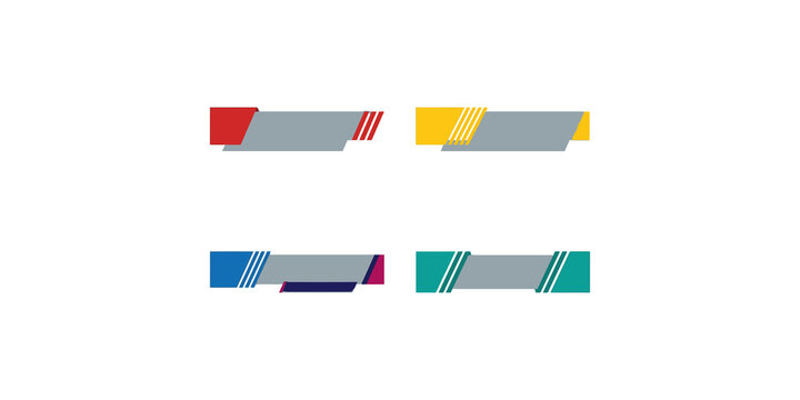 Four geometric lower third banners in assorted vibrant colors with stripes for news broadcasting video production and graphics.