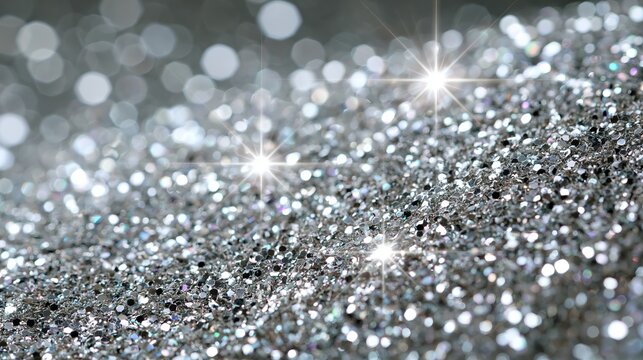 A sparkling silver glitter background with bright stars and bokeh lights shining brightly everywhere