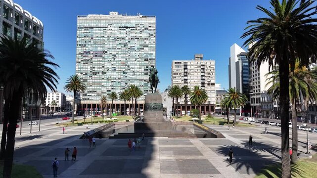Aerial view of the cityscape of the Independence Square in the Old Town of Montevideo, Uruguay