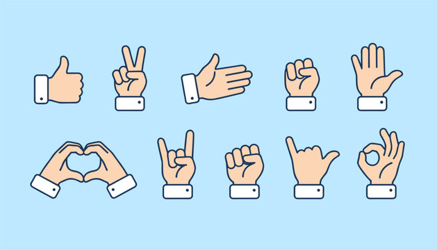 Hand gesture flat line icons collection displays popular communication symbols and sign language on blue background.