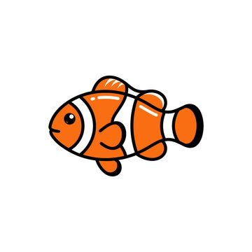 Cartoon clownfish with orange and white stripes facing right.