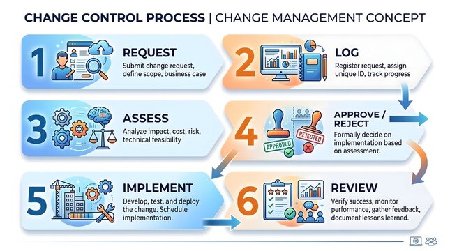 Change control process infographic, business change management concept with 6 steps, corporate workflow diagram for project planning