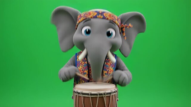 Animated elephant playing djembe drum with rhythmic motion on green screen background for playful project