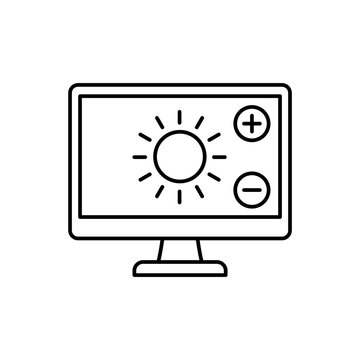 Minimalist line icon showing a computer screen with sun icon and plus minus controls for display brightness adjustment.