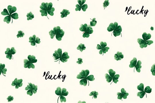 A vibrant pattern of green shamrocks and lucky quotes on a light background ideal for St Patricks Day themed designs and celebration projects. Generative AI