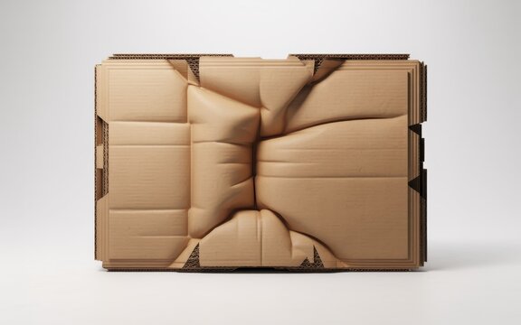 Crushed brown cardboard shipping box with deep structural deformation for freight damage concepts.