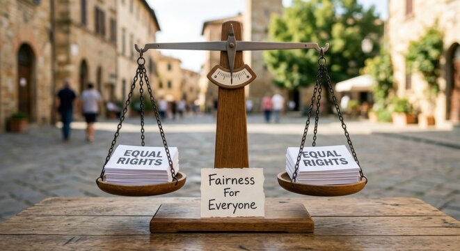 Balance scale symbolizing equal rights and fairness for everyone on a wooden table with a street background