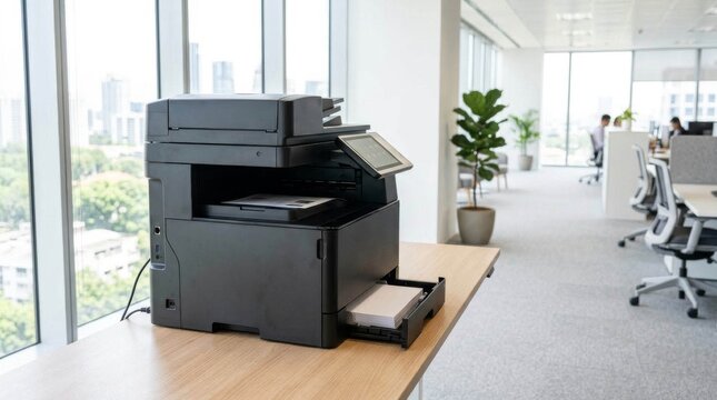 Modern black office printer on wooden desk in bright workspace.
