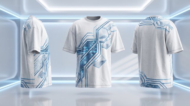 White Futuristic T Shirt with Abstract Digital Graphic Design