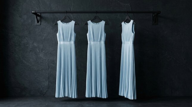 Three elegant light blue pleated maxi dresses hanging on a black rack against a dark wall.