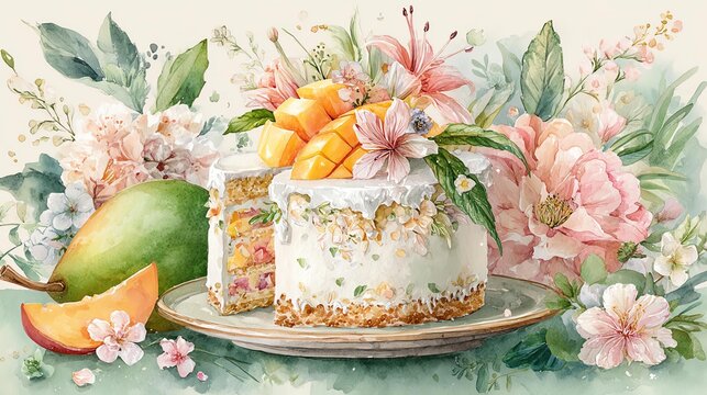 Delicious mango cake adorned with flowers.