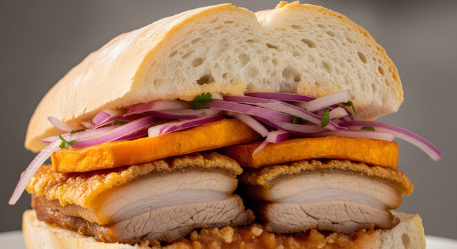 Pork belly sandwich served with sweet potato and red onions on artisan bread.