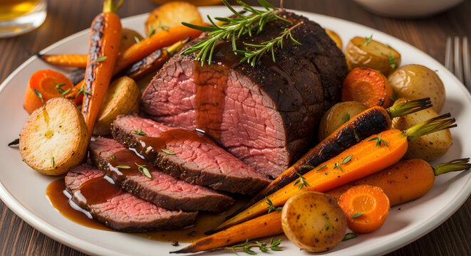 Roast beef served with roasted carrots and potatoes makes a hearty dinner meal.