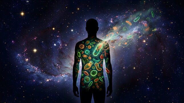 Silhouette of a human body filled with diverse microbiome organisms in a space background.