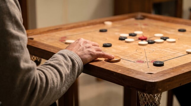 Adult Playing Traditional Carrom Board Game at Home