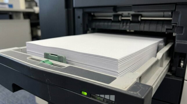 Industrial professional printer tray with stack of white paper.