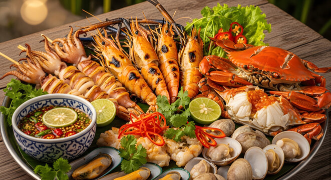 Grilled seafood platter features shrimp, crab, squid, and clams served with dipping sauce.