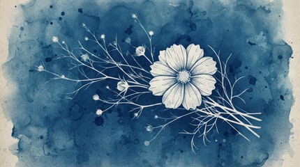 Naklejka premium Indigo blue floral graphic design template with stipple texture and cosmea flower.