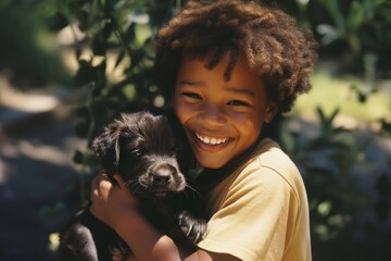 Obraz na płótnie Canvas A little black kid hug a puppy dog pet photography.