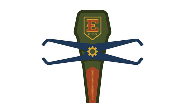Flat vector illustration of a mechanical gear accessory tool with calipers and shield logo for industrial engineering design