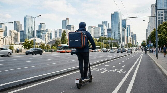 Delivery person riding electric scooter in city.