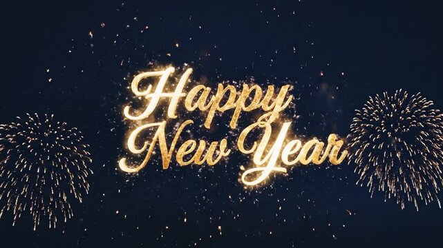 Golden Happy New Year text with fireworks in night sky