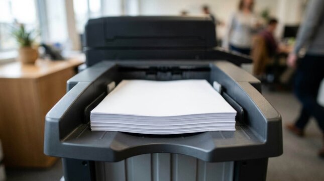Close up of modern office printer with stack of paper in output tray.