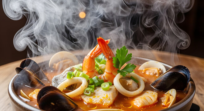 Seafood soup with shrimp and mussels emits steam in a bowl.