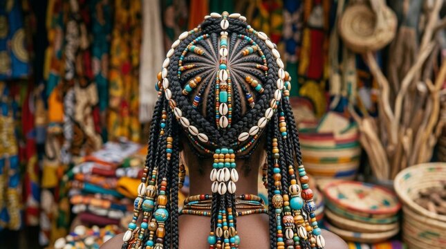 Intricate African Braided Hairstyle with Cowrie Shells and Beads in Market.