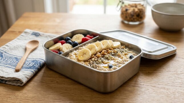 Healthy oatmeal breakfast in stainless steel bento box with berries and banana.