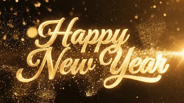 Golden Happy New Year text with sparkling bokeh background