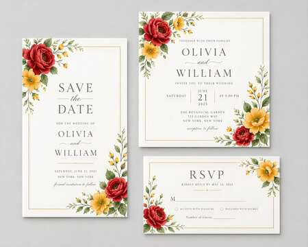 Elegant floral wedding invitation suite with save the date and rsvp cards