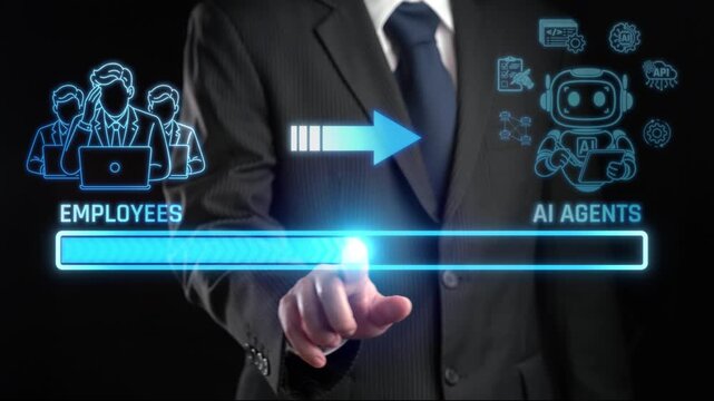 Businessman Transitioning from Employees to AI Agents Symbolizing Technological Advancement and Automation in the Workplace. Liminal.