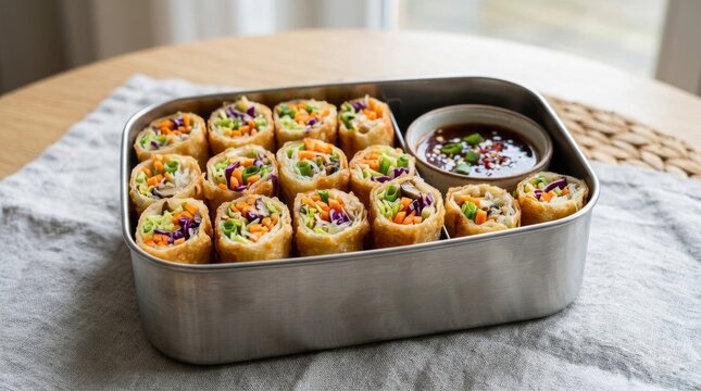 Colorful vegetable sushi rolls in a metal bento box with dipping sauce.