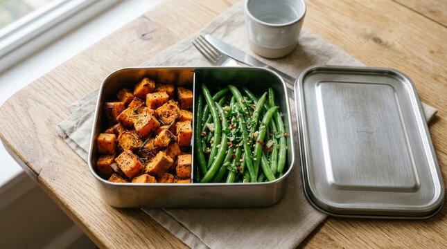 Healthy meal prep with roasted sweet potatoes and green beans in a stainless steel container.