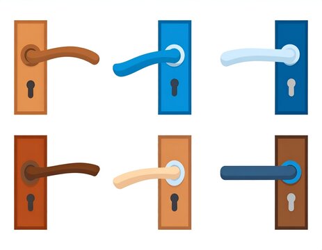 Six different door handle designs on colorful backplates