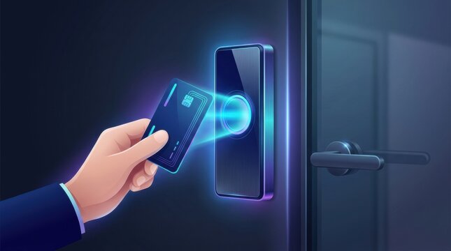 A security guard performs access control by scanning a smart card on the reader at a building entrance in a busy business environment.