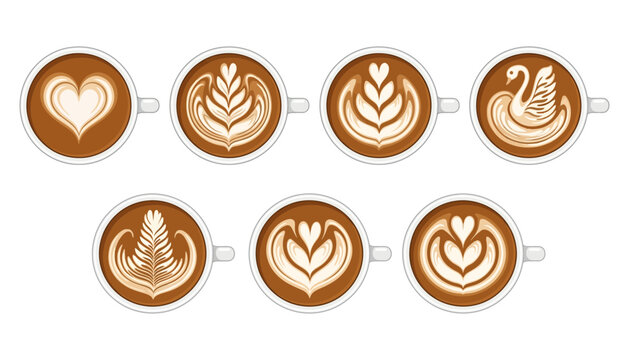 Coffee Latte Art Icon Set with Heart Rosetta Tulip and Swan Patterns Top View Cappuccino and Espresso Cups