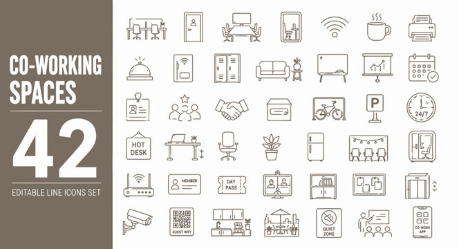 Coworking space and modern shared office outline icons collection for business workspace