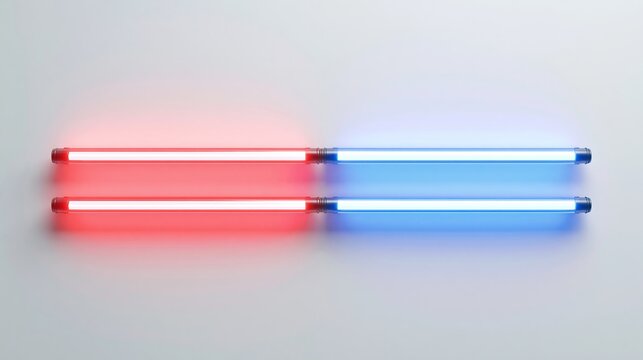A pair of red and blue lightsabers on a gray background, symbolizing contrast and power