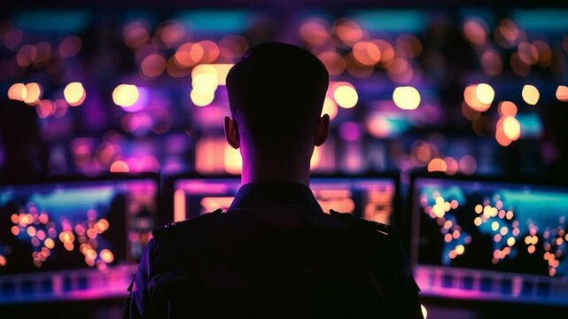 Military officer seen from behind inside a high-tech command room, monitoring multiple glowing screens and digital displays, symbolizing military intelligence, strategic operations, 