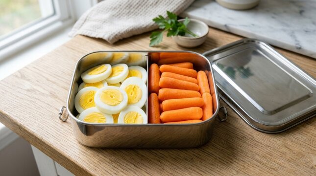 Healthy stainless steel bento box with boiled eggs and carrots.