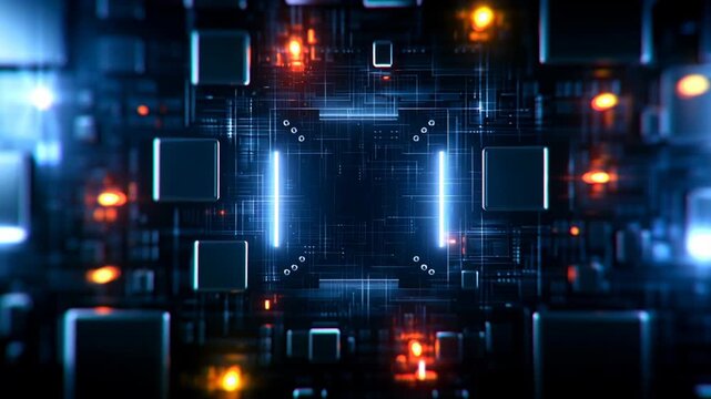 Futuristic geometric fractal background featuring layered digital grids, glowing blue structures, floating squares and orange light accents, creating a complex high-tech cyber environment.